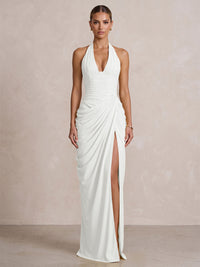 Chiffon Sheath/Column Prom Gowns Halter Floor-Length Formal Evening Dresses with Pleats & Slit