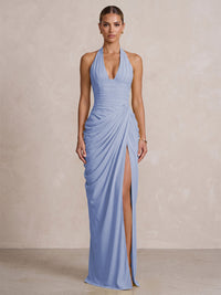 Chiffon Sheath/Column Prom Gowns Halter Floor-Length Formal Evening Dresses with Pleats & Slit