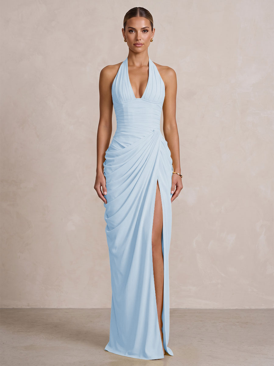Chiffon Sheath/Column Prom Gowns Halter Floor-Length Formal Evening Dresses with Pleats & Slit