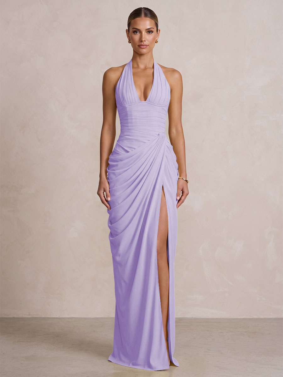 Chiffon Sheath/Column Prom Gowns Halter Floor-Length Formal Evening Dresses with Pleats & Slit