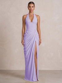 Chiffon Sheath/Column Prom Gowns Halter Floor-Length Formal Evening Dresses with Pleats & Slit