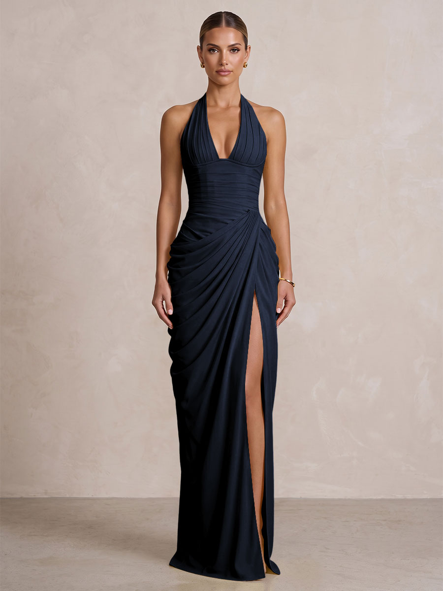 Chiffon Sheath/Column Prom Gowns Halter Floor-Length Formal Evening Dresses with Pleats & Slit