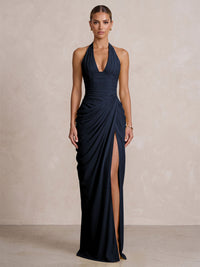 Chiffon Sheath/Column Prom Gowns Halter Floor-Length Formal Evening Dresses with Pleats & Slit
