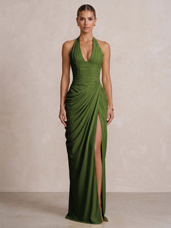 Chiffon Sheath/Column Prom Gowns Halter Floor-Length Formal Evening Dresses with Pleats & Slit