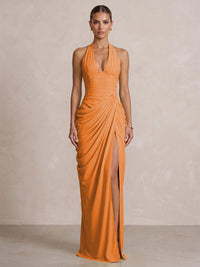 Chiffon Sheath/Column Prom Gowns Halter Floor-Length Formal Evening Dresses with Pleats & Slit