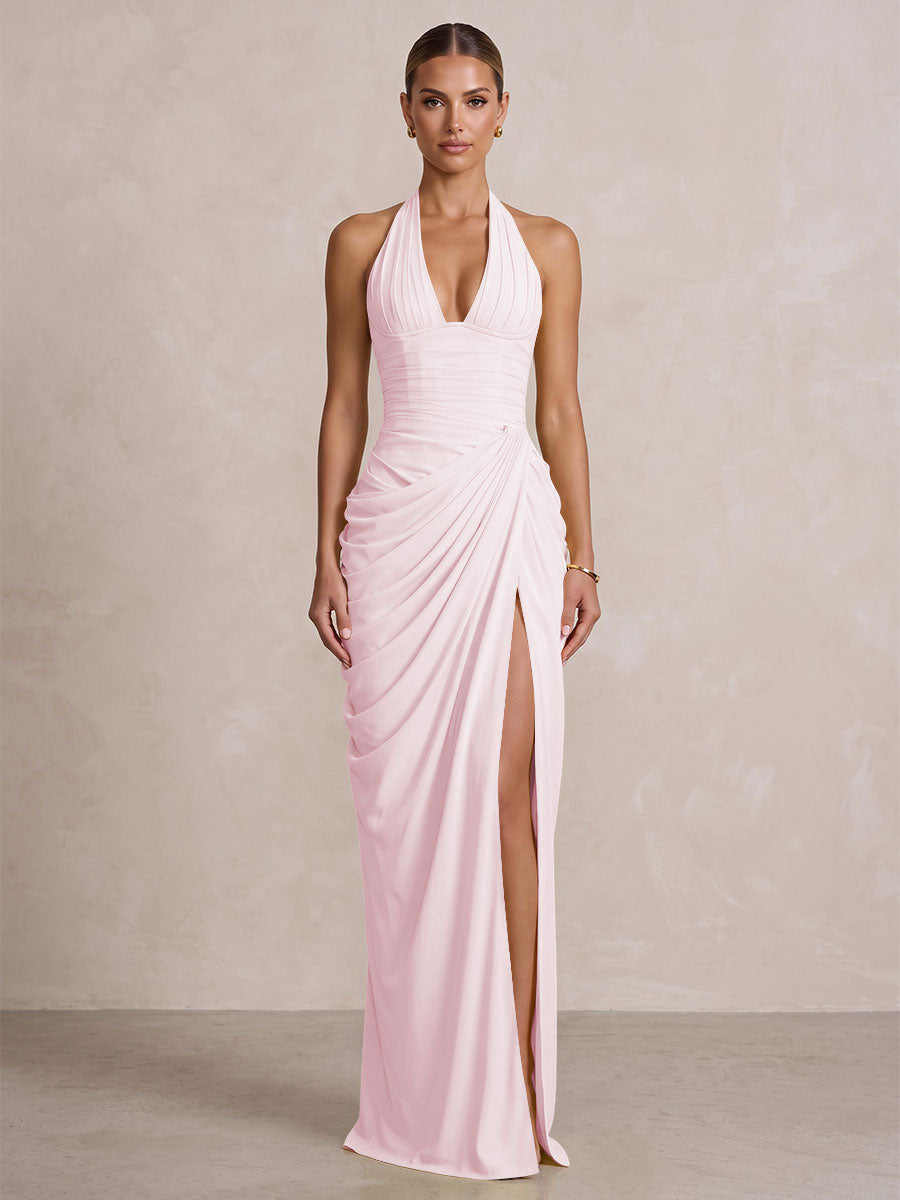 Chiffon Sheath/Column Prom Gowns Halter Floor-Length Formal Evening Dresses with Pleats & Slit