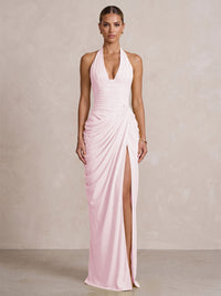 Chiffon Sheath/Column Prom Gowns Halter Floor-Length Formal Evening Dresses with Pleats & Slit