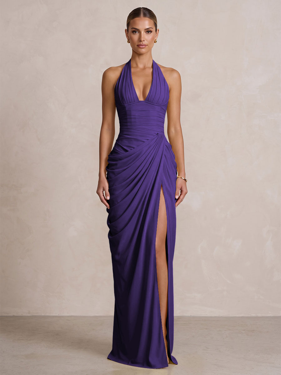 Chiffon Sheath/Column Prom Gowns Halter Floor-Length Formal Evening Dresses with Pleats & Slit