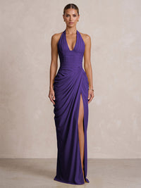 Chiffon Sheath/Column Prom Gowns Halter Floor-Length Formal Evening Dresses with Pleats & Slit