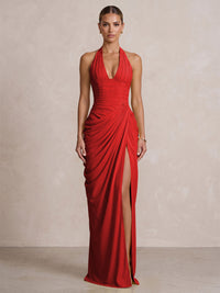 Chiffon Sheath/Column Prom Gowns Halter Floor-Length Formal Evening Dresses with Pleats & Slit