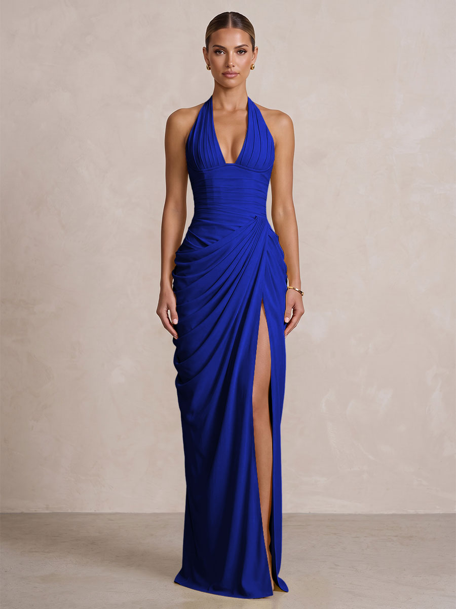 Chiffon Sheath/Column Prom Gowns Halter Floor-Length Formal Evening Dresses with Pleats & Slit