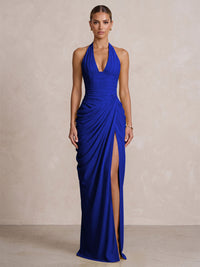 Chiffon Sheath/Column Prom Gowns Halter Floor-Length Formal Evening Dresses with Pleats & Slit