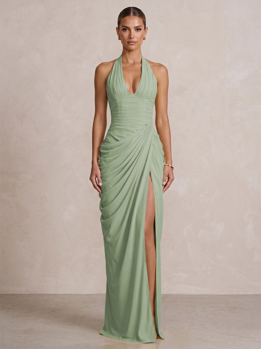 Chiffon Sheath/Column Prom Gowns Halter Floor-Length Formal Evening Dresses with Pleats & Slit