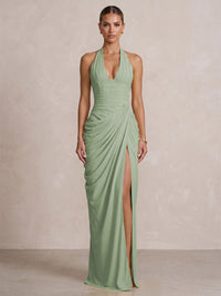 Chiffon Sheath/Column Prom Gowns Halter Floor-Length Formal Evening Dresses with Pleats & Slit