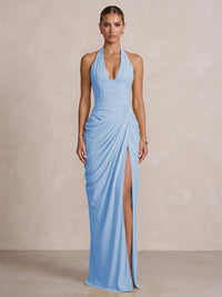 Chiffon Sheath/Column Prom Gowns Halter Floor-Length Formal Evening Dresses with Pleats & Slit