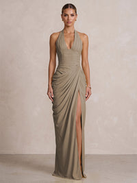 Chiffon Sheath/Column Prom Gowns Halter Floor-Length Formal Evening Dresses with Pleats & Slit