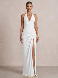 Chiffon Sheath/Column Prom Gowns Halter Floor-Length Formal Evening Dresses with Pleats & Slit