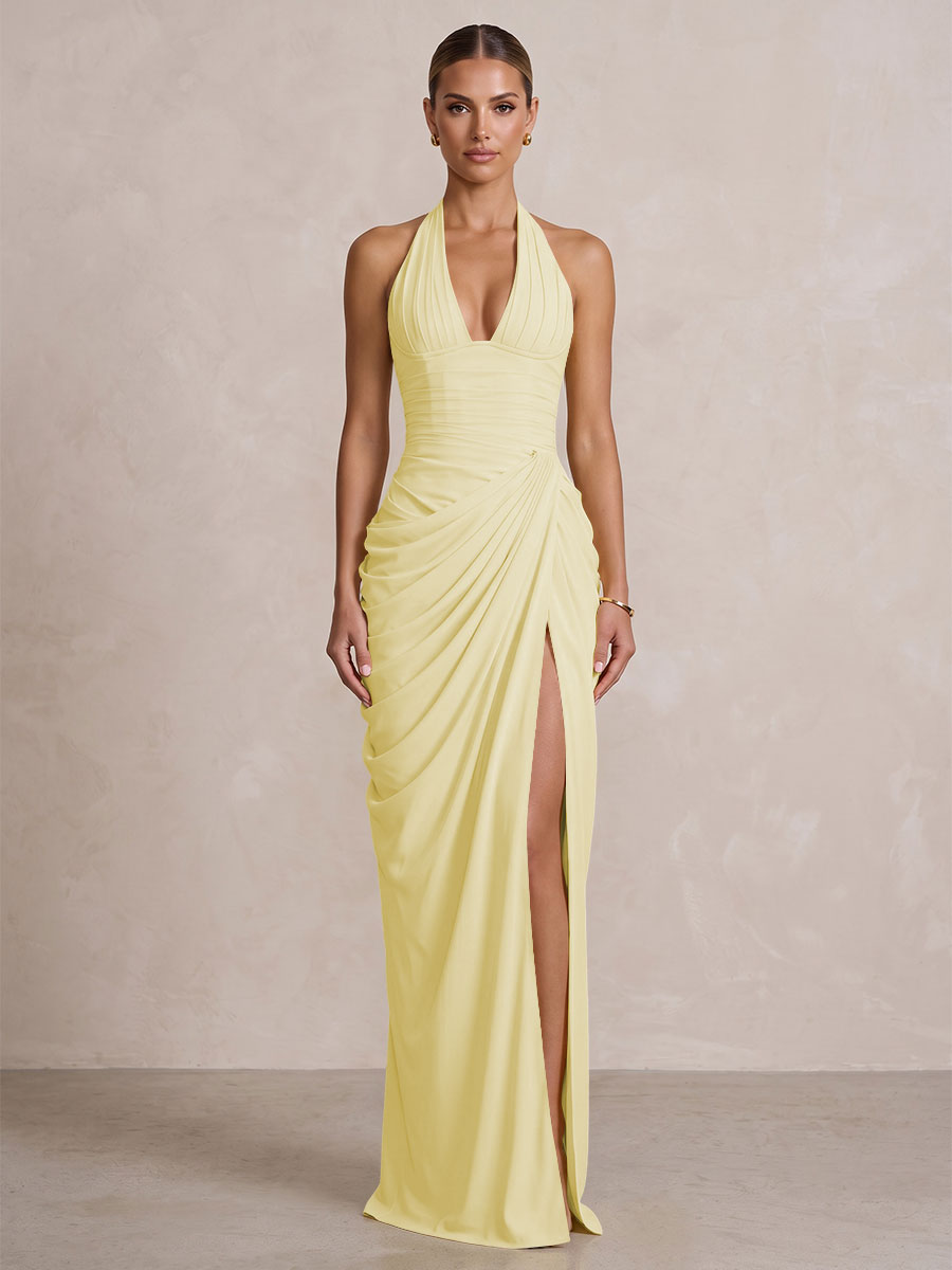 Chiffon Sheath/Column Prom Gowns Halter Floor-Length Formal Evening Dresses with Pleats & Slit