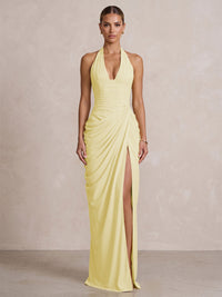 Chiffon Sheath/Column Prom Gowns Halter Floor-Length Formal Evening Dresses with Pleats & Slit