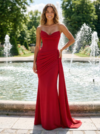 Stretch Jersey Sheath/Column Strapless Floor-Length Prom Dresses with Ruched Waist