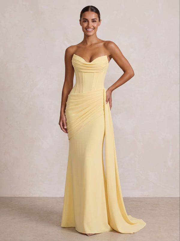 Stretch Jersey Sheath/Column Strapless Floor-Length Formal Prom Dresses with Ruched Waist
