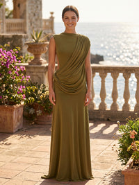 Stretch Jersey A-Line/Princess High Neck Floor-Length Prom Dresses with Pleats