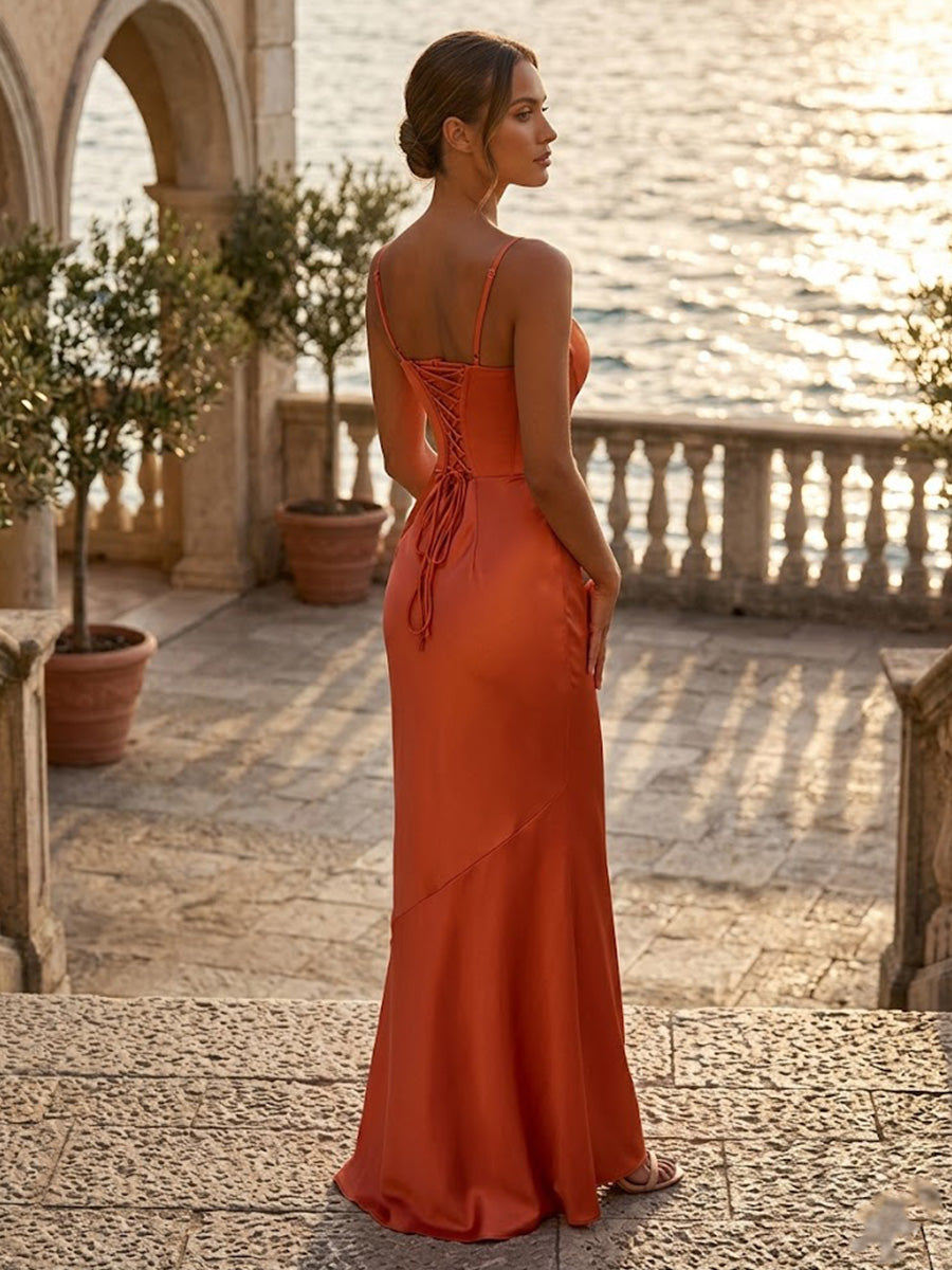 Satin Sheath/Column Spaghetti Straps Floor-Length Prom Dresses for Women
