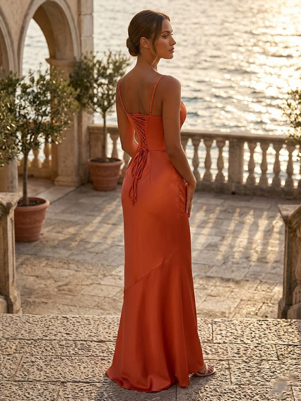 Satin Sheath/Column Spaghetti Straps Floor-Length Prom Dresses for Women
