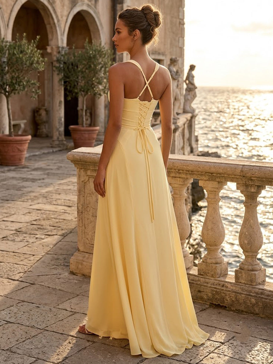Chiffon A-Line/Princess Spaghetti Straps Floor-Length Prom Dresses with Pleats