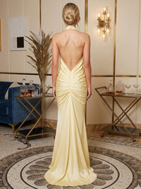 Satin Mermaid/Trumpet Halter Floor-Length Prom Dresses with Pleats