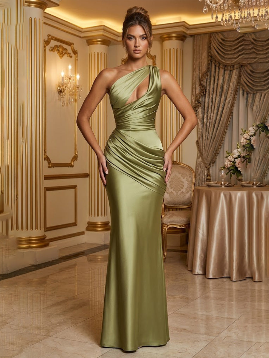 Satin Sheath/Column One Shoulder Floor-Length Prom Dresses with Ruched Waist