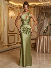 Satin Sheath/Column One Shoulder Floor-Length Prom Dresses with Ruched Waist