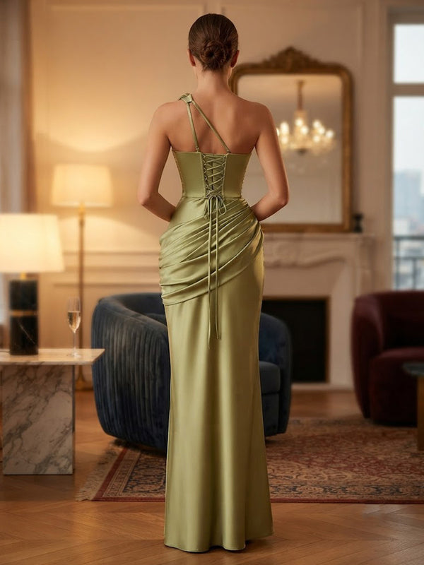 Satin Sheath/Column One Shoulder Floor-Length Prom Dresses with Ruched Waist