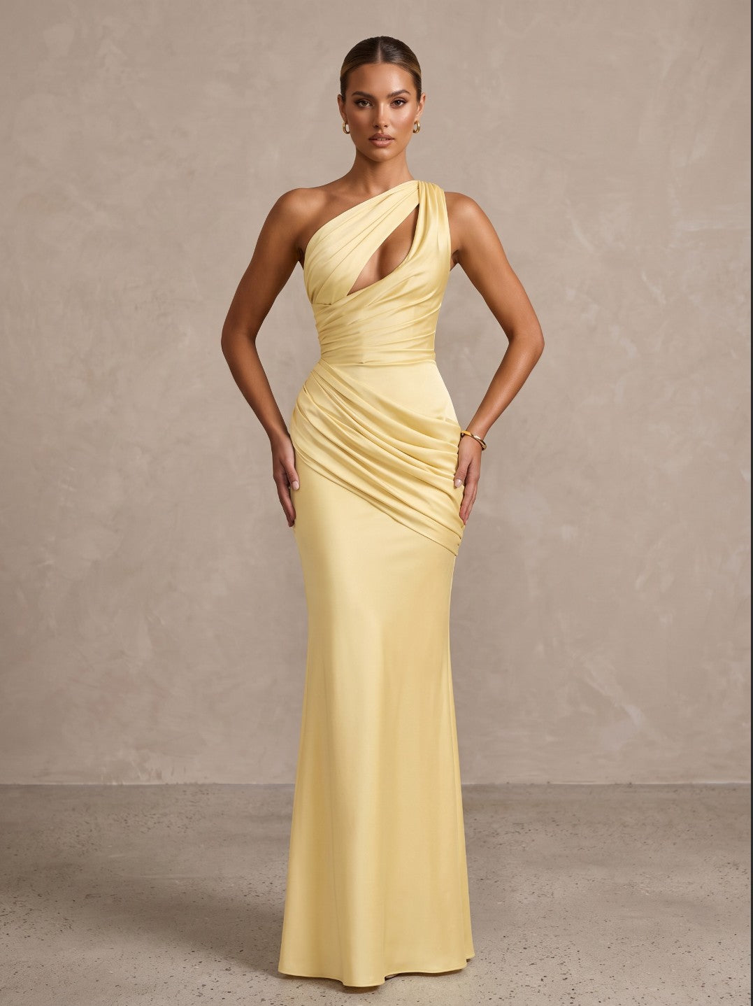 Satin Sheath/Column One Shoulder Floor-Length Formal Prom Dresses with Ruched Waist