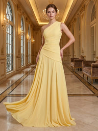 Chiffon A-Line/Princess One Shoulder Floor-Length Prom Dresses with Pleats