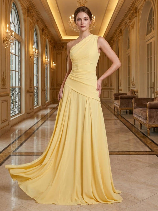 Chiffon A-Line/Princess One Shoulder Floor-Length Prom Dresses with Pleats