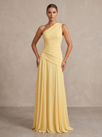 Chiffon A-Line/Princess One Shoulder Floor-Length Formal Prom Dresses with Pleats