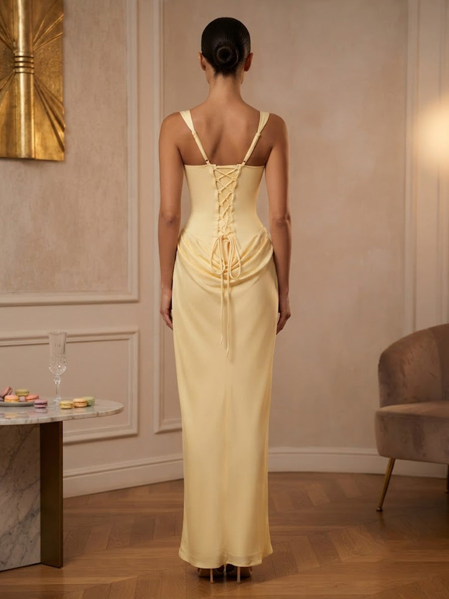 Stretch Jersey Sheath/Column Spaghetti Straps Floor-Length Prom Dresses with Ruched Waist
