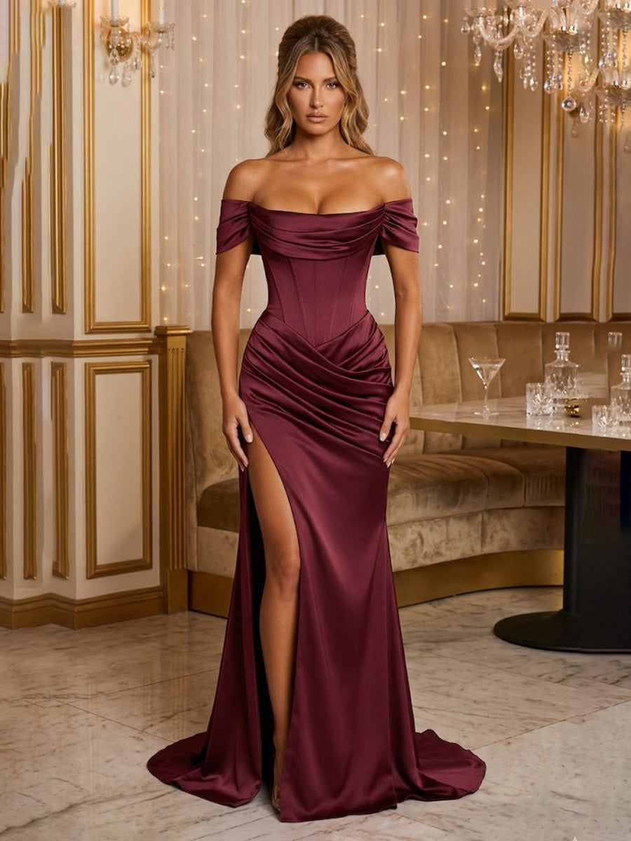 Satin Sheath/Column Off Shoulder Floor-Length Prom Dresses with Corset Bodice, Ruched Waist & Slit