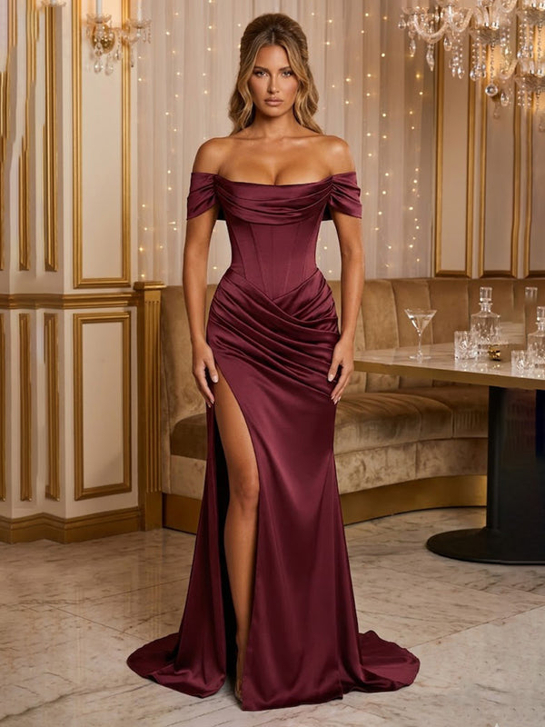 Satin Sheath/Column Off Shoulder Floor-Length Prom Dresses with Corset Bodice, Ruched Waist & Slit