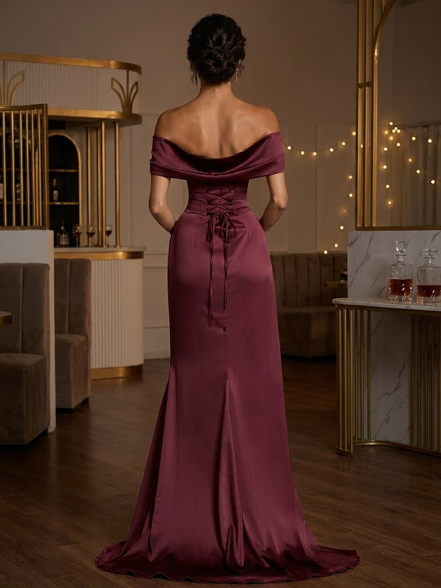 Satin Sheath/Column Off Shoulder Floor-Length Prom Dresses with Corset Bodice, Ruched Waist & Slit
