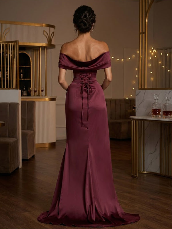 Satin Sheath/Column Off Shoulder Floor-Length Prom Dresses with Corset Bodice, Ruched Waist & Slit