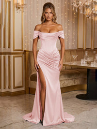 Satin Sheath/Column Off Shoulder Floor-Length Formal Prom Dresses with Corset Bodice, Ruched Waist & Slit
