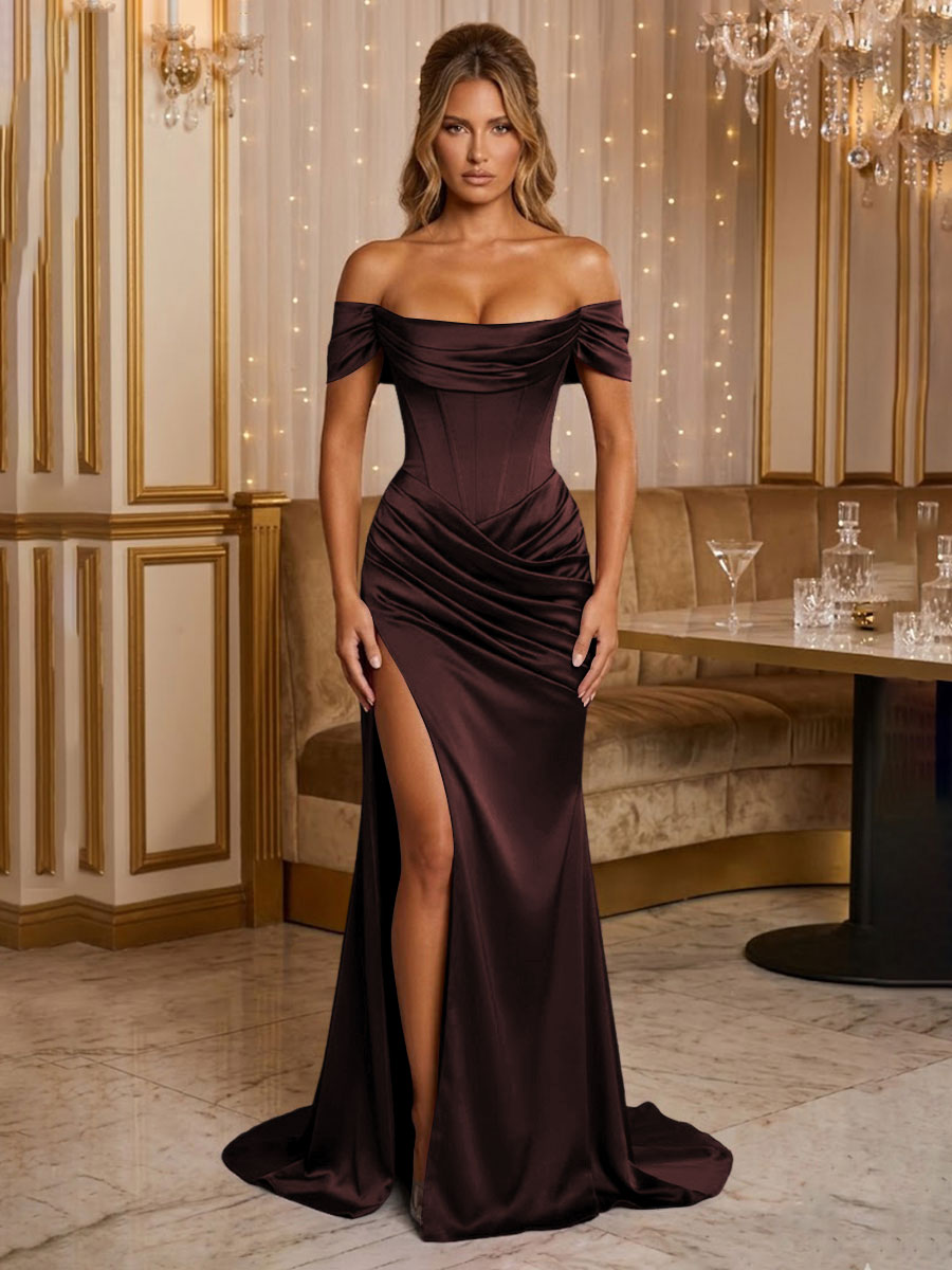 Satin Sheath/Column Off Shoulder Floor-Length Formal Prom Dresses with Corset Bodice, Ruched Waist & Slit