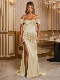 Satin Sheath/Column Off Shoulder Floor-Length Formal Prom Dresses with Corset Bodice, Ruched Waist & Slit