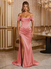 Satin Sheath/Column Off Shoulder Floor-Length Formal Prom Dresses with Corset Bodice, Ruched Waist & Slit