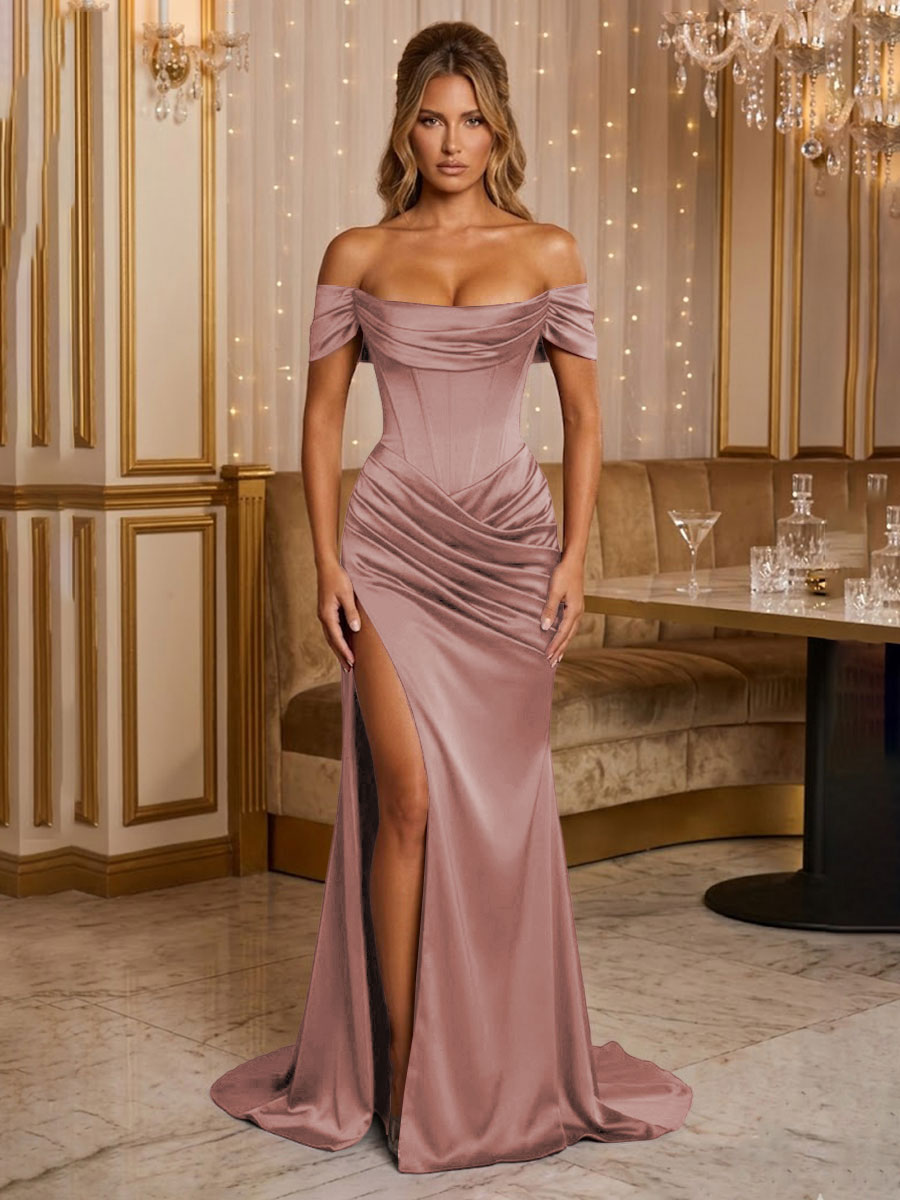 Satin Sheath/Column Off Shoulder Floor-Length Formal Prom Dresses with Corset Bodice, Ruched Waist & Slit