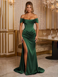 Satin Sheath/Column Off Shoulder Floor-Length Formal Prom Dresses with Corset Bodice, Ruched Waist & Slit