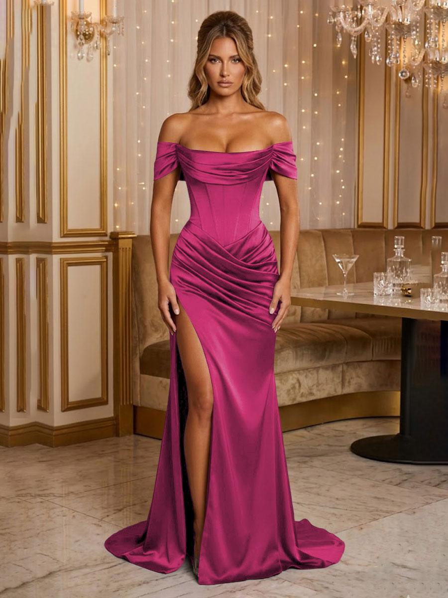 Satin Sheath/Column Off Shoulder Floor-Length Formal Prom Dresses with Corset Bodice, Ruched Waist & Slit