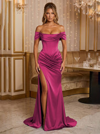Satin Sheath/Column Off Shoulder Floor-Length Formal Prom Dresses with Corset Bodice, Ruched Waist & Slit